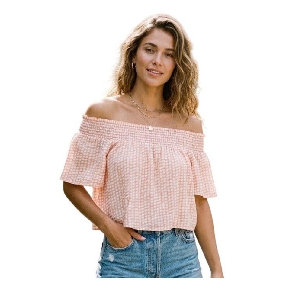 Kiwi‎ & Punch Gingham Check Off The Shoulder Top Peach White Crop Ruffle S